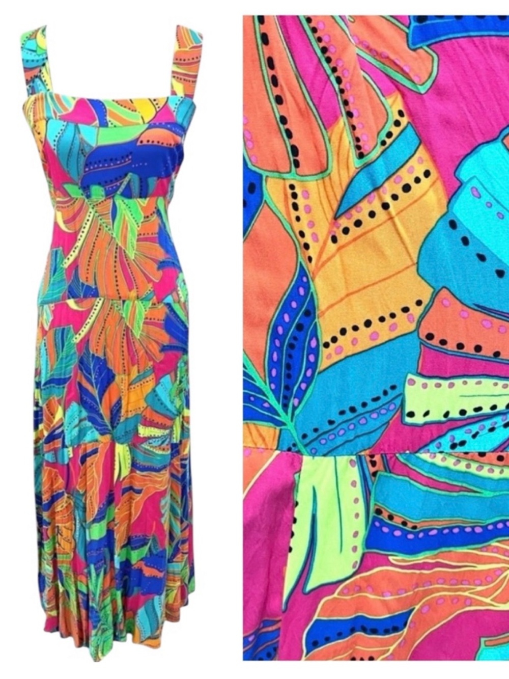 1.State Nordstrom Tropical Neon Floral Leaf Tiered Challis Maxi Midi Dress
